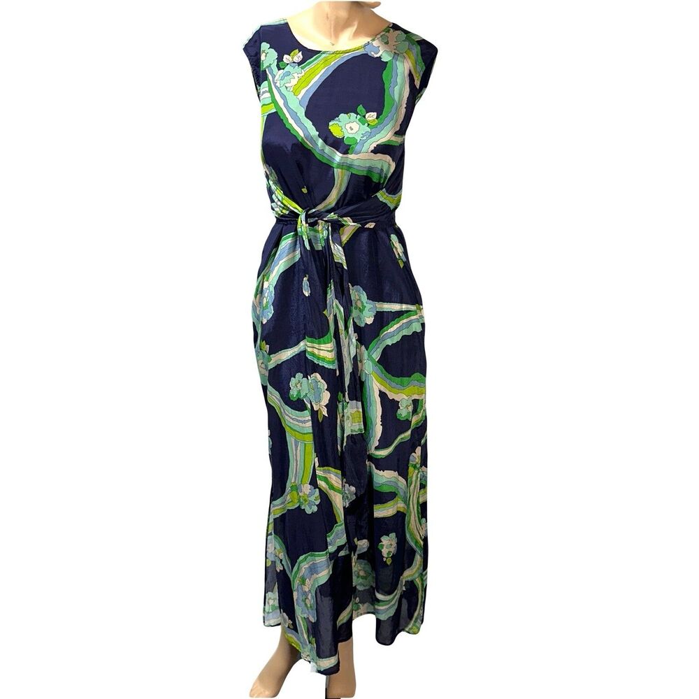 Vilagallo Womens Maxi Dress Navy Abstract Print Tie Front Size 44 Sleeveless